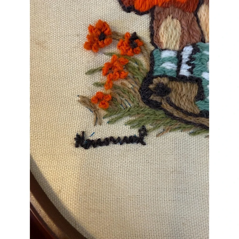 Vintage Hummel Embroidered Wall‎ Art Pair – Framed Oval Needlework (13x10)